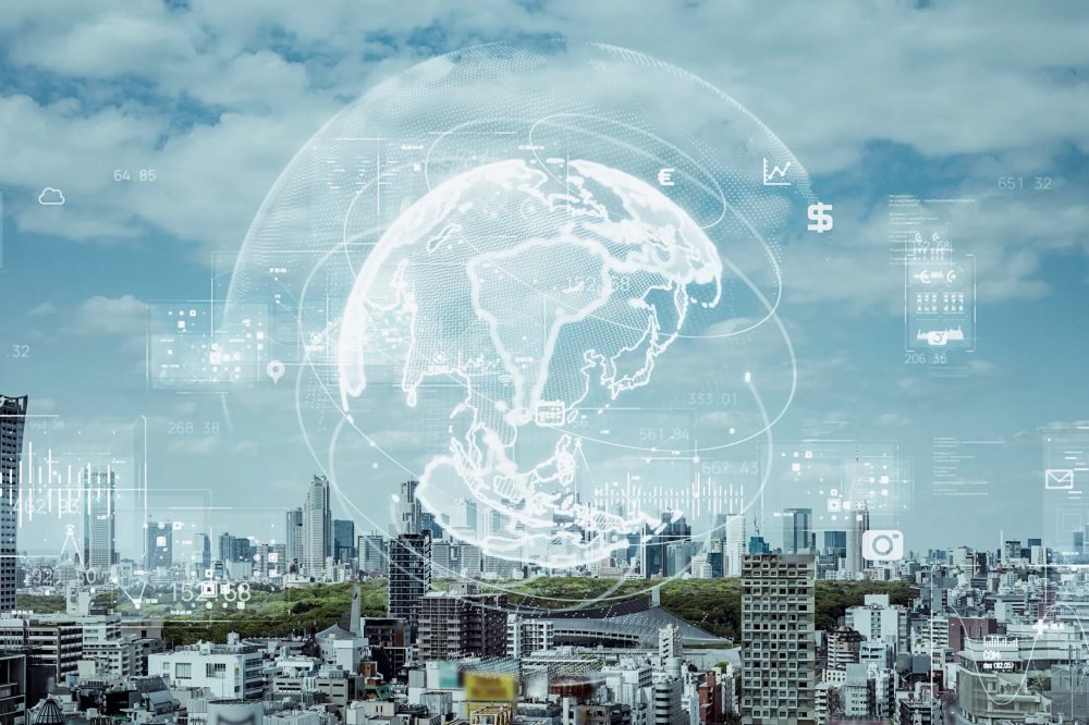 Global communication network concept. Smart city. Sustainable society. Digital transformation.